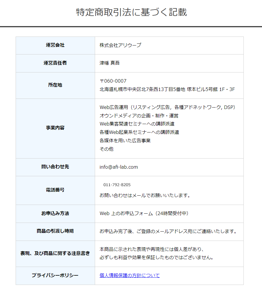 株式会社アリウープの特商法